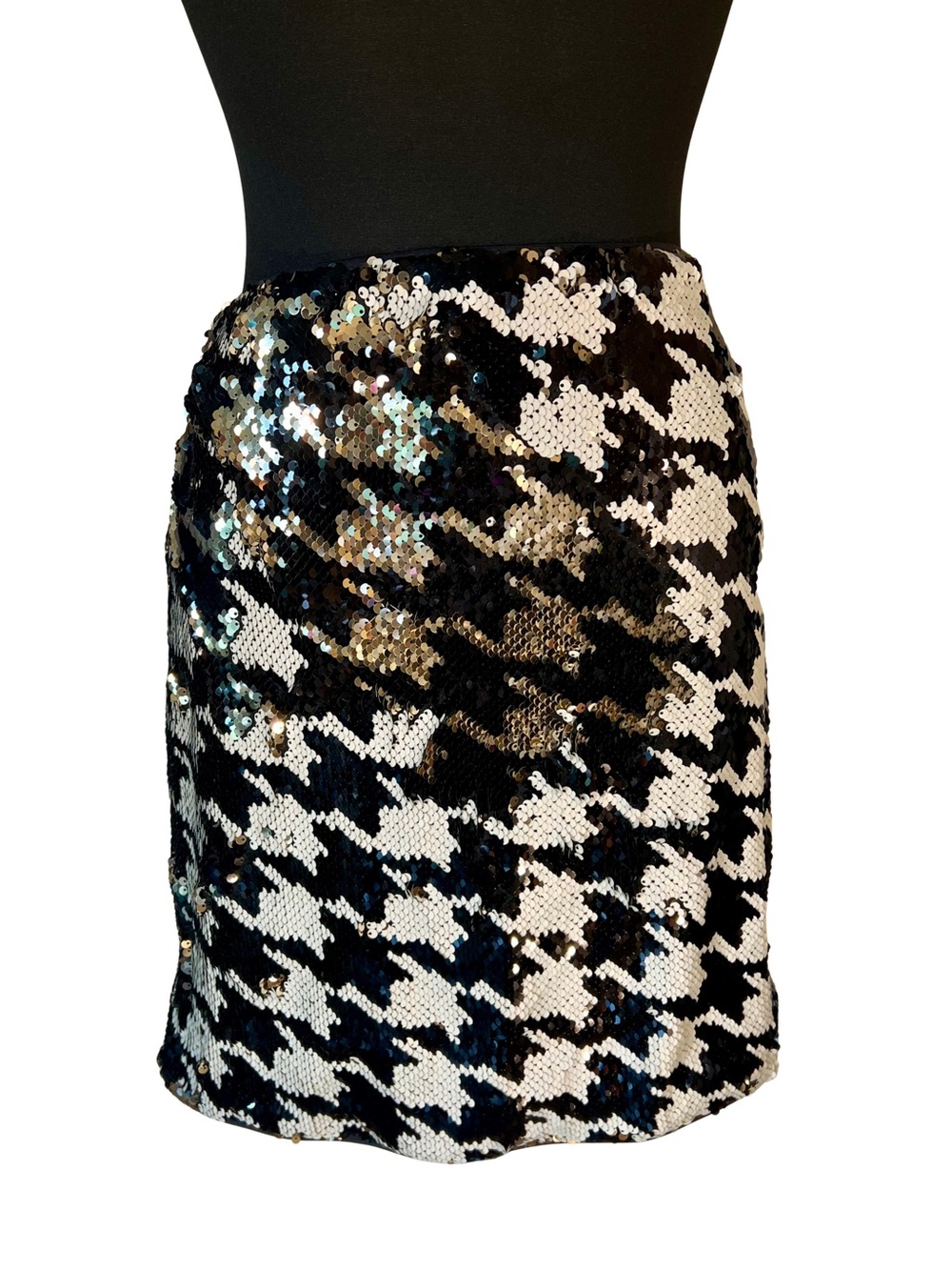 bebe Sequin Houndstooth Mini Skirt - Black & White Reverses to Metallic Silver